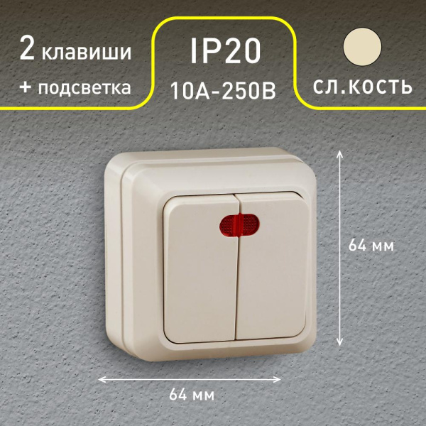2-105-02 Intro Выключатель двойной с подсветкой, 10А-250В, IP20, ОУ, Quadro, сл.кость (10/200/3600)