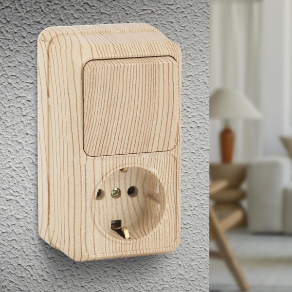 2-705-11 Intro Блок розетка+выкл. верт. 10(16)А-250В, IP20, ОУ, Quadro, сосна (6/120/1440)