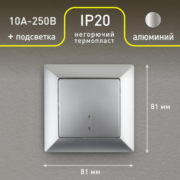 4-102-03 Intro Выключатель с подсветкой, 10А-250В, СУ, Solo, алюминий (10/200/2400)
