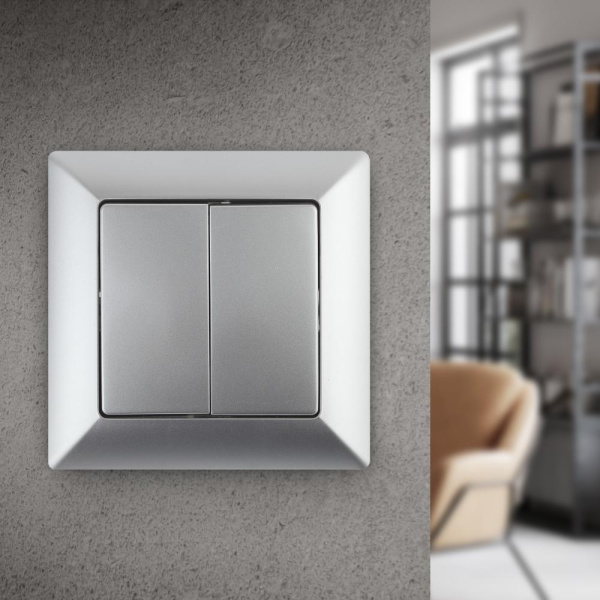 4-104-03 Intro Выключатель двойной, 10А-250В, СУ, Solo, алюминий (10/200/2400)