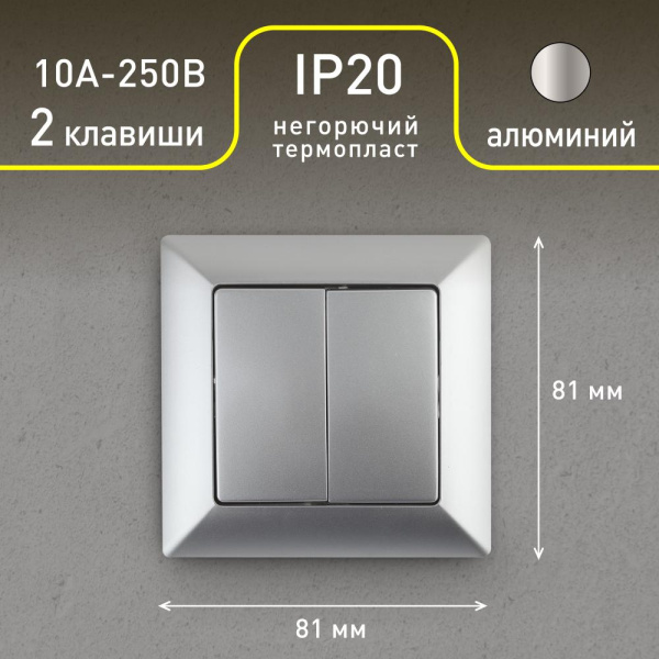 4-104-03 Intro Выключатель двойной, 10А-250В, СУ, Solo, алюминий (10/200/2400)