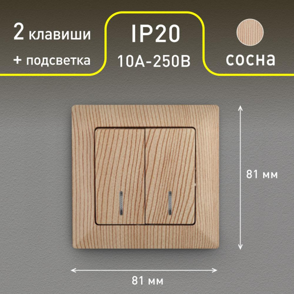 4-105-11 Intro Выключатель двойной с подсветкой, 10А-250В, СУ, Solo, сосна (10/200/2000)
