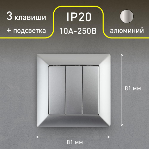 4-106-03 Intro Выключатель тройной, 10А-250В, СУ, Solo, алюминий (10/200/2400)
