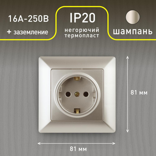 4-202-04 Intro Розетка 2P+E Schuko, 16А-250В, СУ, Solo, шампань (10/200/2000)