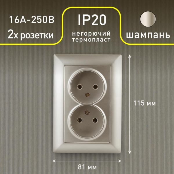 4-204-04 Intro Розетка 2х2P, 16А-250В, СУ, Solo, шампань (10/100/1200)
