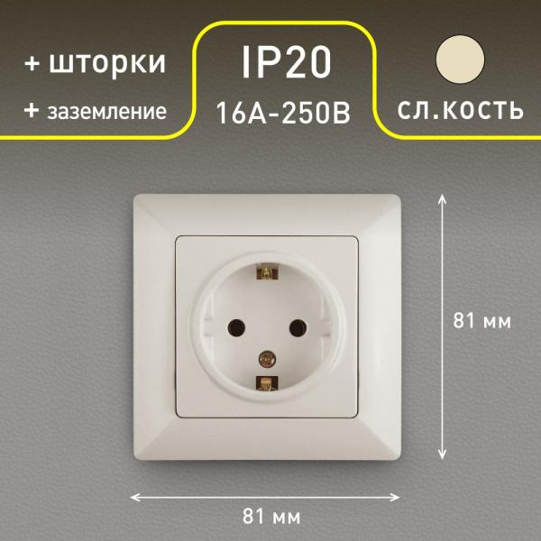 4-206-02 Intro Розетка 2P+E Schuko со шторками, 16А-250В, СУ, Solo, сл.кость (10/200/1600)