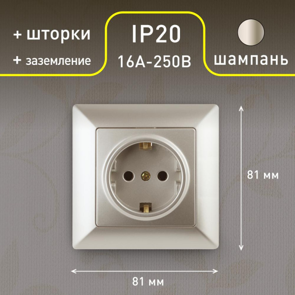 4-206-04 Intro Розетка 2P+E Schuko со шторками, 16А-250В, СУ, Solo, шампань (10/200/2400)