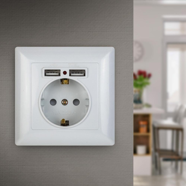 4-410-01 Intro Розетка P+E Schuko со шторками, 16А-250В + 2хUSB, СУ, Solo, белый (10/100/2500)