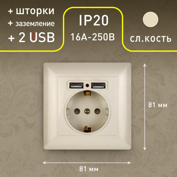 4-410-02 Intro Розетка P+E Schuko со шторками, 16А-250В + 2хUSB, СУ, Solo, слоновая кость (10/100/20