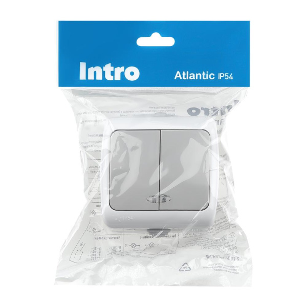 Выключатель Intro Atlantic 5-105-03 двойной с подсветкой, 10А-250В, IP54, открытой установки, серый
