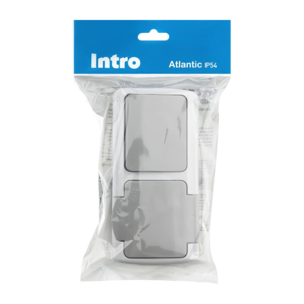 Блок розетка с выключателем Intro Atlantic 5-701-03 одноклавишным 2P+E, 10(16)А-250В, открытой установки, IP54, серый
