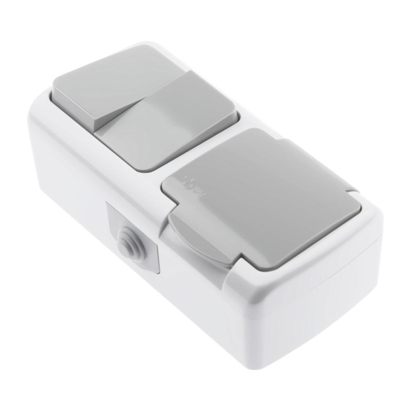 Блок розетка с выключателем Intro Atlantic 5-702-03 двойным 2P+E, 10(16)А-250В, открытой установки, IP54, серый