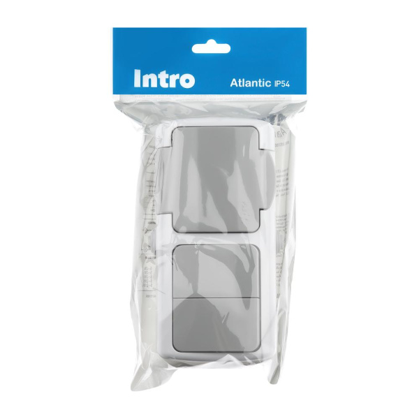 Блок розетка с выключателем Intro Atlantic 5-702-03 двойным 2P+E, 10(16)А-250В, открытой установки, IP54, серый