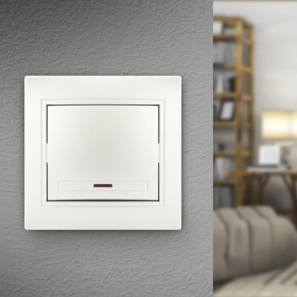 Выключатель Intro Plano 1-102-06 одноклавишный с подсветкой, 10А-250В, IP20, СУ, перламутр