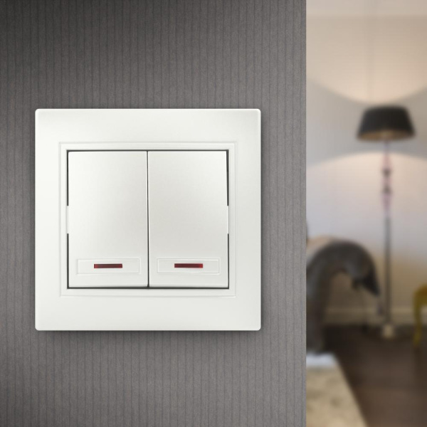 Выключатель Intro Plano 1-105-06 двухклавишный с подсветкой, 10А-250В, IP20, СУ, перламутр