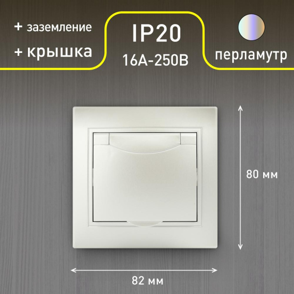 Розетка Intro Plano 1-203-06 с заземлением 2P+E Schuko с крышкой, 16А-250В, IP20, СУ, перламутр