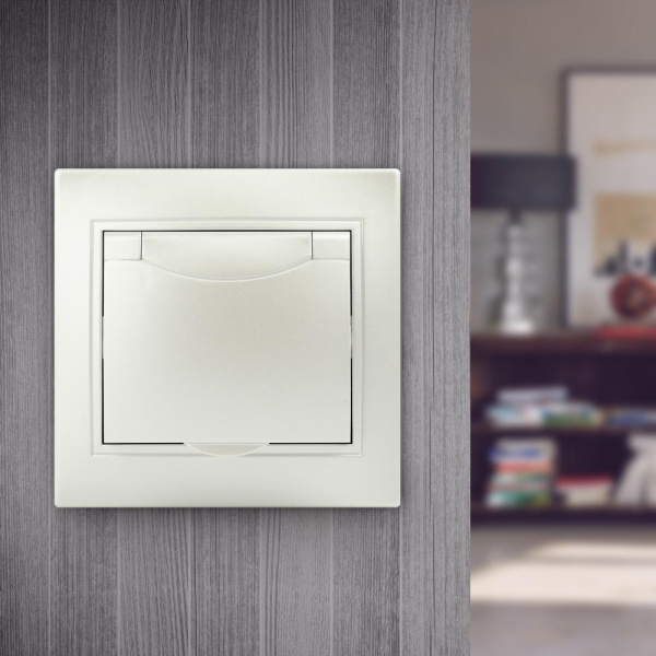 Розетка Intro Plano 1-203-06 с заземлением 2P+E Schuko с крышкой, 16А-250В, IP20, СУ, перламутр