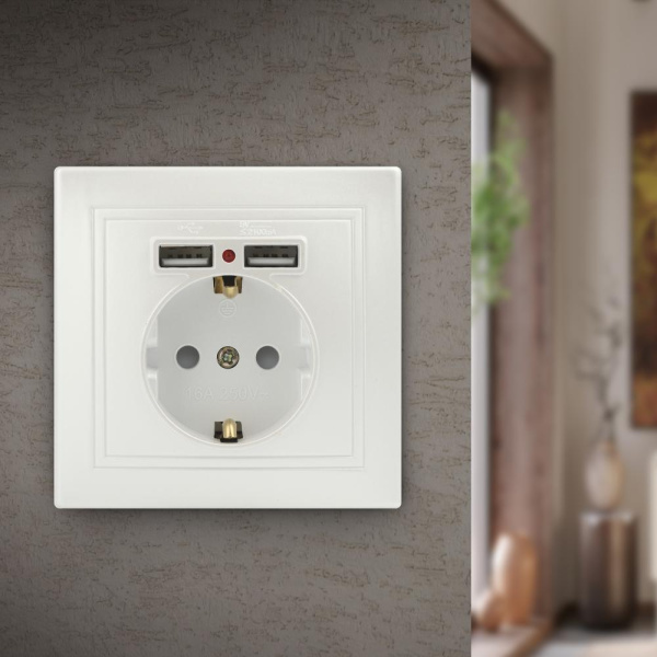 Розетка Intro Plano 1-410-06 с заземлением 2P+E Schuko со шторками, 16А-250В + 2хUSB 5В-2,1А, IP20, СУ, перламутр