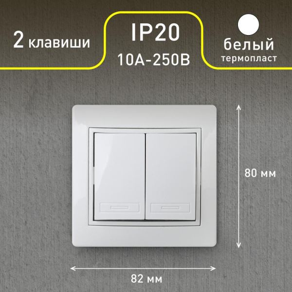 Выключатель Intro Plano 1Э-104-01 двойной, 10А-250В, IP20, СУ, без лапок, белый