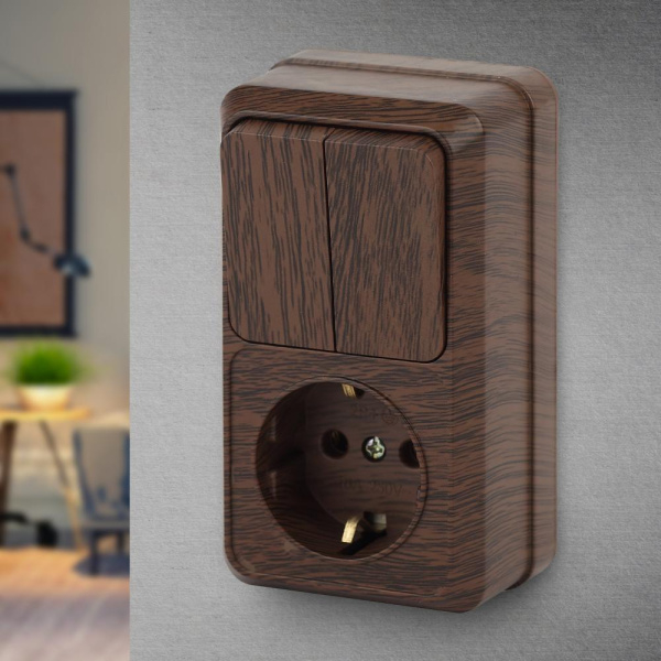 Блок розетка с выключателем Intro Quadro 2-706-10 двойным вертикальный 10(16)А-250В, IP20, ОУ, венге