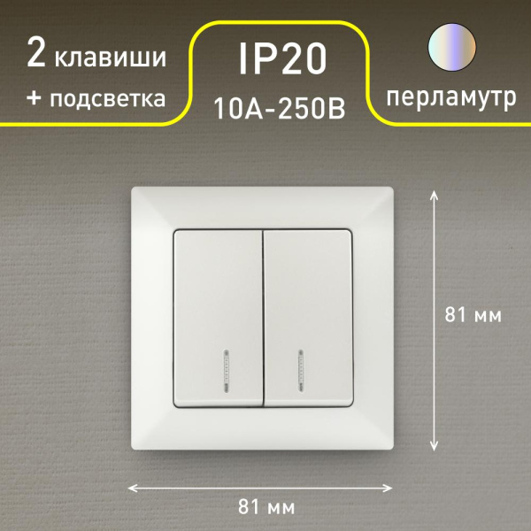 Выключатель Intro Solo 4-105-06 двухклавишный с подсветкой, 10А-250В, IP20, СУ, перламутр