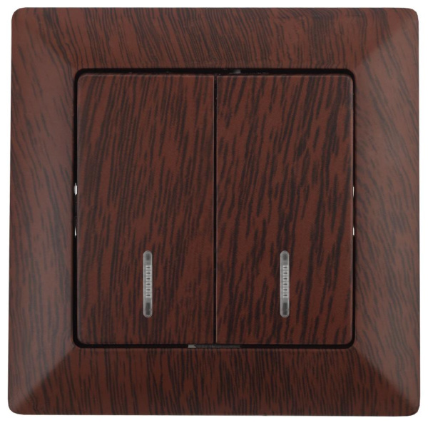 Выключатель Intro Solo 4-105-10 двухклавишный с подсветкой, 10А-250В, IP20, СУ, венге