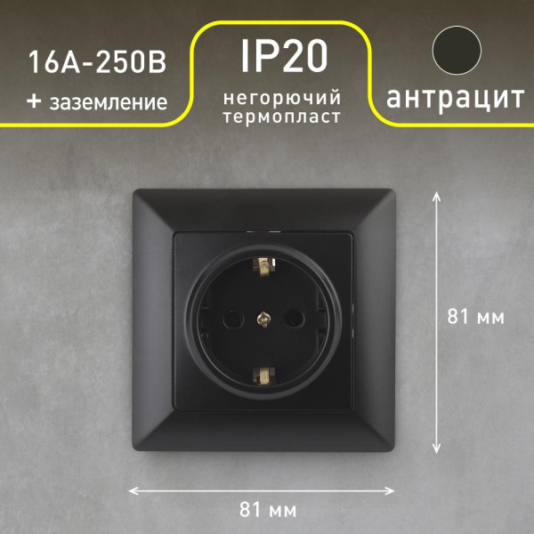 Розетка Intro Solo 4-202-05 с заземлением 2P+E Schuko, 16А-250В, IP20, СУ, антрацит