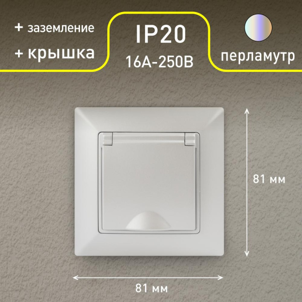 Розетка Intro Solo 4-203-06 с заземлением 2P+E Schuko с крышкой, 16А-250В, IP20, СУ, перламутр