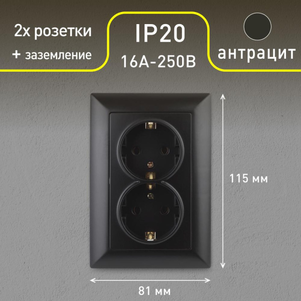 Розетка Intro Solo 4-205-05 с заземлением двойная 2X2P+E Schuko, 16А-250В, IP20, СУ, антрацит