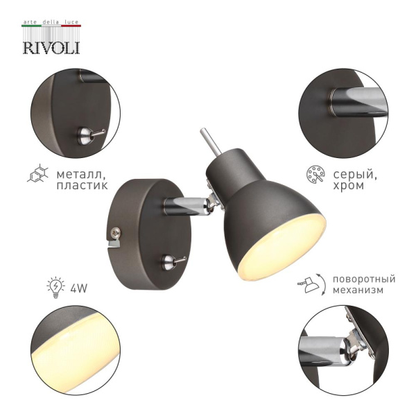 Светильник настенно-потолочный спот Rivoli Renata 6158-701 светодиодный GR LED 1х 4 Вт 3200К поворотный с выключателем