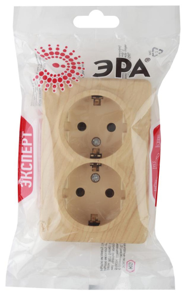11-2205-11 ЭРА Розетка 2х2P+E Schuko, 16A-250В, IP20, ОУ, Эра Эксперт, сосна (12/120/1920)
