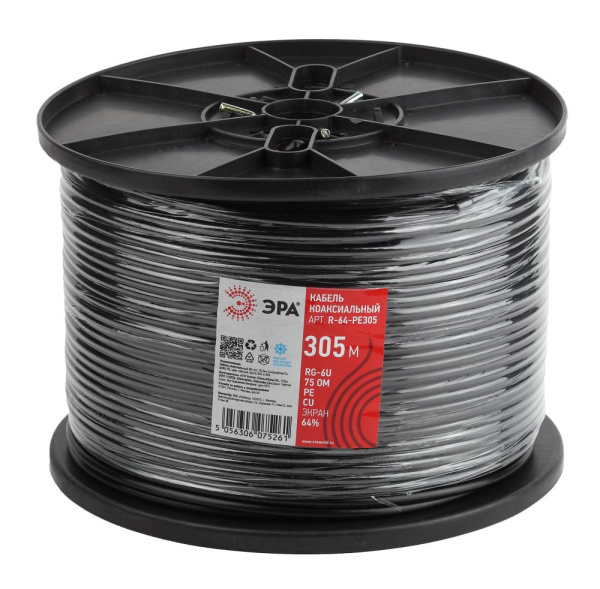 ЭРА Кабель коаксиальный RG-6U, 75 Ом, Cu/(оплётка Cu 64%), PE, цвет чёрный, бухта 305 м (2/24)