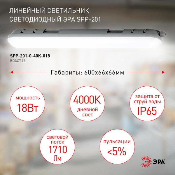 Линейный светодиодный светильник ЭРА SPP-201-0-40K-018 18Вт 4000К 1710Лм IP65 600 матовый