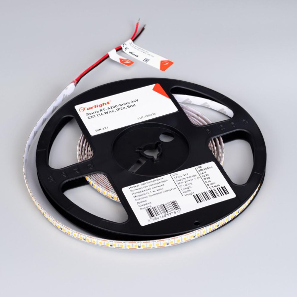 Лента RT-A200-8mm 24V Warm3500-CX1 (16 W/m, IP20, 5m) (Arlight, резка 1 светодиод)