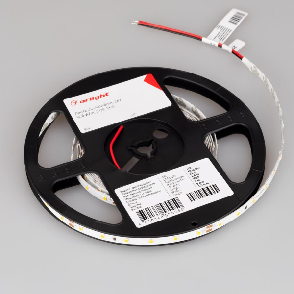 Лента UL-A60-8mm 24V Warm3000 (4.8 W/m, IP20, 5m) (Arlight, 7 лет)