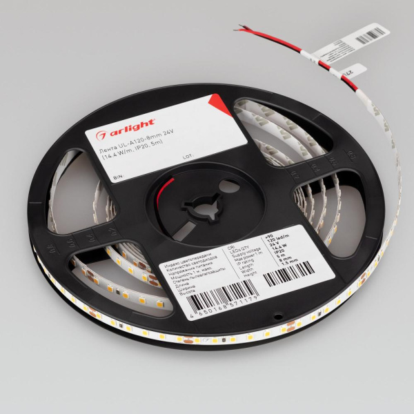 Лента UL-A120-8mm 24V Warm3000 (14.4 W/m, IP20, 5m) (Arlight, 7 лет)