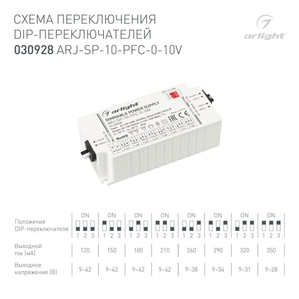 Блок питания ARJ-SP-10-PFC-0-10V (10W, 120-350mA) (Arlight, IP20 Пластик, 5 лет)