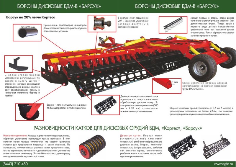 Дисковые бороны легкие БДМ-В БАРСУК на стойках с эластомерами, с шириной захвата от 1,8 до 12,1 метров