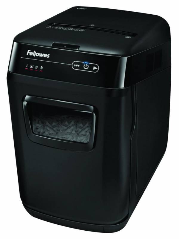 Шредер Fellowes AutoMax 150C FS-46801(01/02)* (секр.P-4)/фрагменты 4x38 мм,/150лист./32лтр./Уничт:скрепки, скобы, пл.карты,CD диски