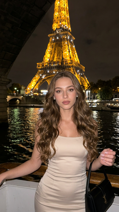 Портрет женщины у Эйфелевой башни ночью