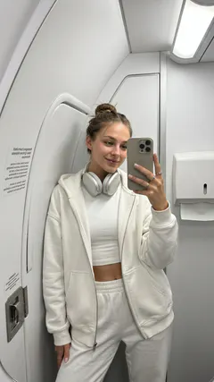 Селфи в зеркале в стиле clean girl в самолете