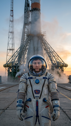 Русский космонавт на стартовой площадке космодрома