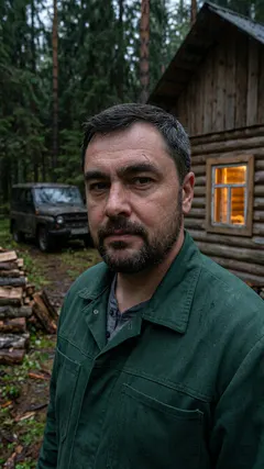 Лесник у лесной избушки вечером