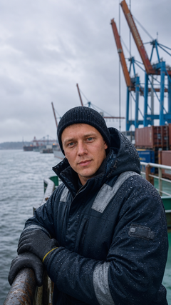 Русский моряк на палубе в северном порту