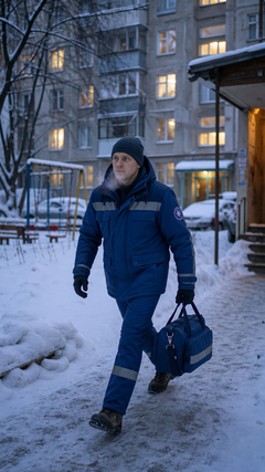 Сотрудник скорой помощи идет по зимнему двору