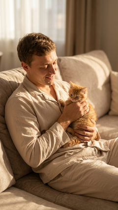 Уютный портрет мужчины с котенком на диване