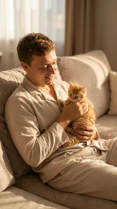 Уютный портрет мужчины с котенком на диване