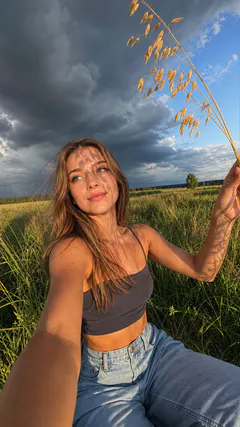 Кэжуал-селфи девушки в поле на закате
