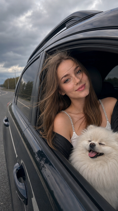 Фотореалистичный портрет девушки в автомобиле с собакой