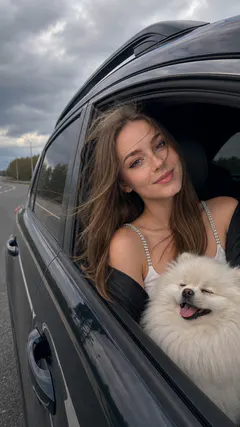 Фотореалистичный портрет девушки в автомобиле с собакой